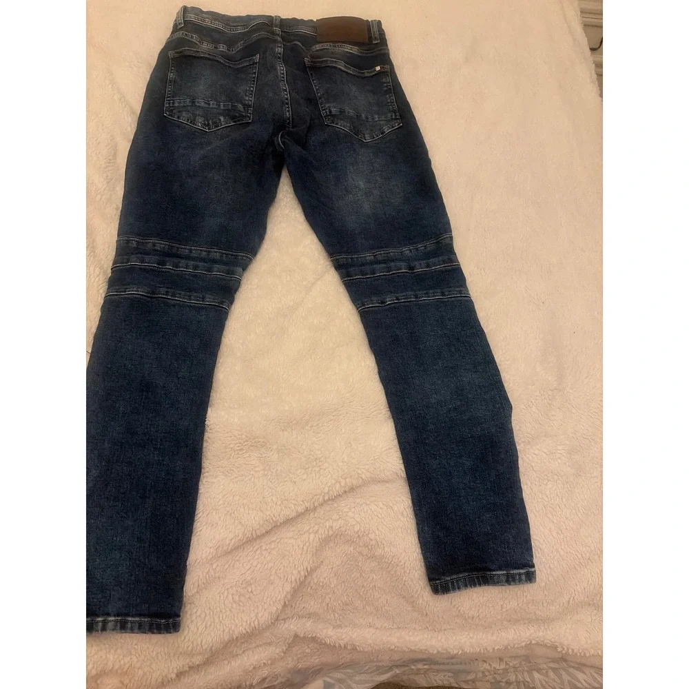 Retro skinny Zara Man Moto Biker Jeans Dark Wash Blue Ribbed Knee Zipper Size 32